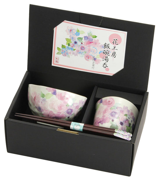 Hana Kobo Bowl & Teacup Pink with Tenpou Chopsticks (40665)