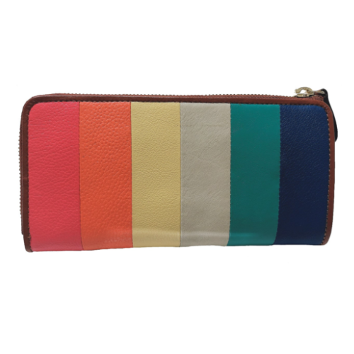 Calf leather striped long wallet (Camel)
