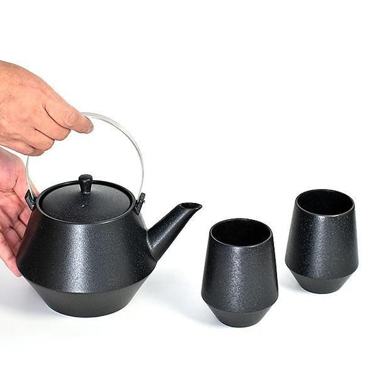 Frustum earthenware jar and teacup, set of 2, black, Japanese tableware, earthenware jar, teapot, pot, teacup, made in Japan, Minoyaki, stylish, modern