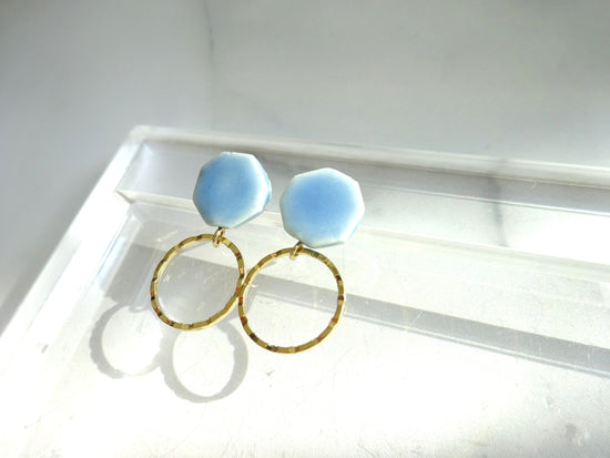 Octagonal and Gold Ring Ceramic Pierced Earrings / Clip-on Earrings Light Blue