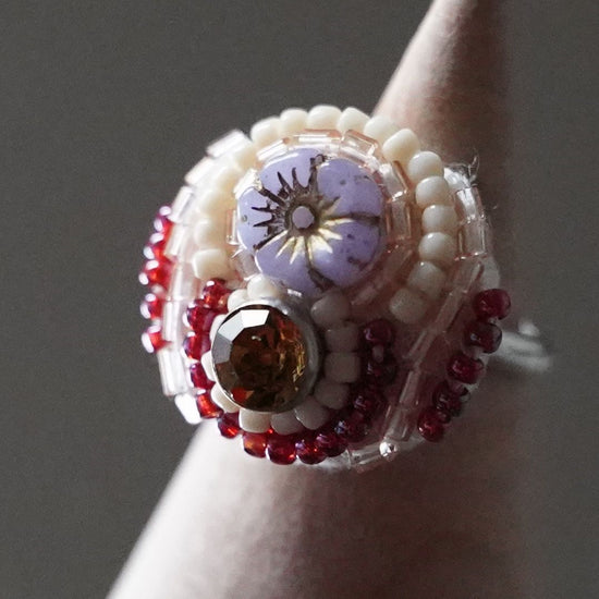 Chatty ring 11 free size beaded embroidery ring flower purple pink colorful multicolor