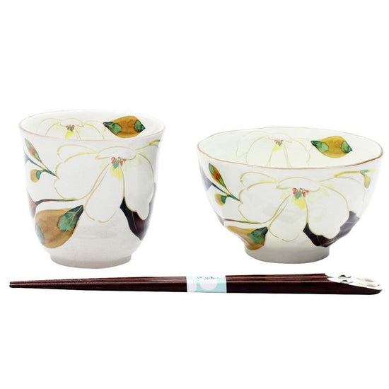 Flower Kairo Rice Bowl and Teacup Magnolia with Tenpou Chopsticks (40482)