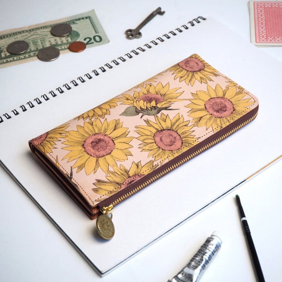L-Shape Zipper Long Wallet (Sunflower) All Leather for Ladies and Men