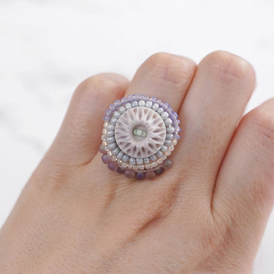 Chatty ring 52 free size bead embroidery ring round purple pastel multicolor