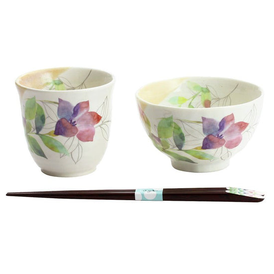 Flower Tsumi Rice Bowl / Teacup Kikyo with Tenpou Chopsticks (04275)