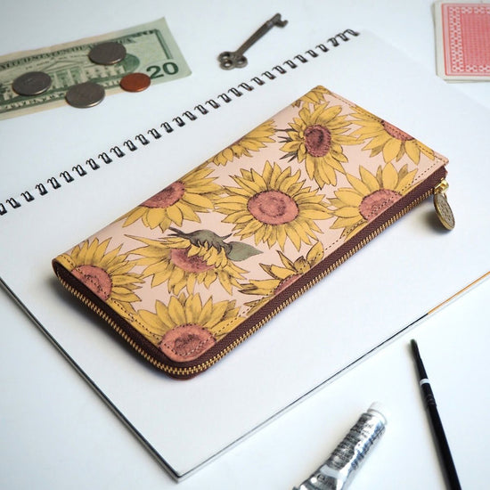 L-Shape Zipper Long Wallet (Sunflower) All Leather for Ladies and Men