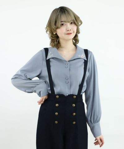 Calligraphy Rose Embroidery Collar Blouse
