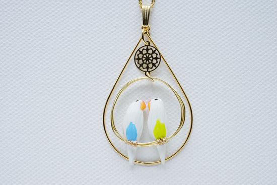 Two Budgies (Creation: Yellowish Green and Light Blue) Pendant with surrounding Accessory
