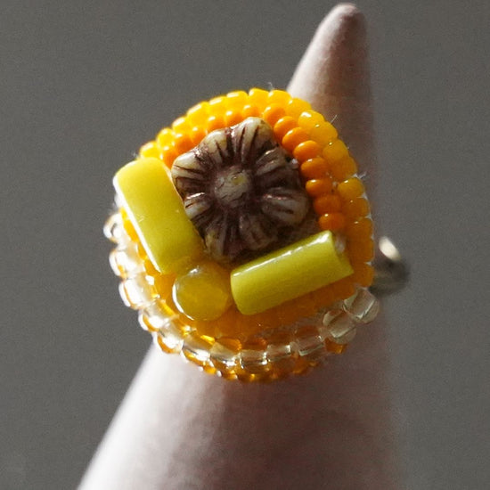 Chatty ring 27 free size beaded embroidery ring flower orange yellow colorful vitamin color