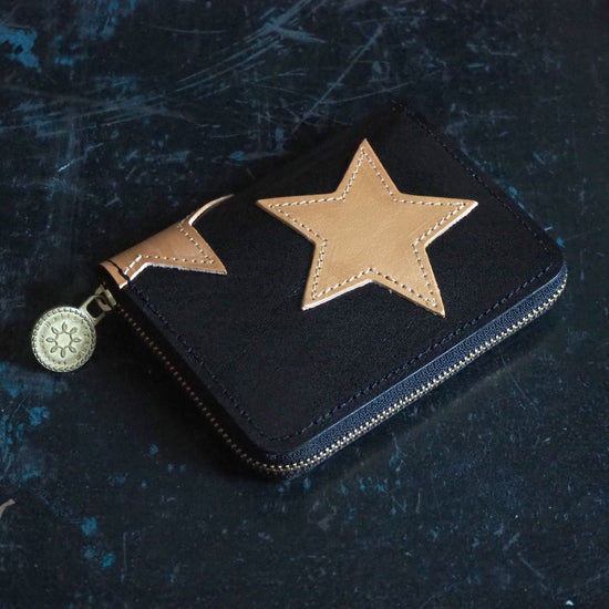 Round Zipper Compact Wallet (Star Patchwork) Cowhide Mini