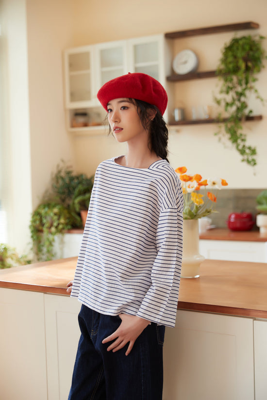 BLUE 100% Cotton Boat Neck Long-Sleeved Border Top
