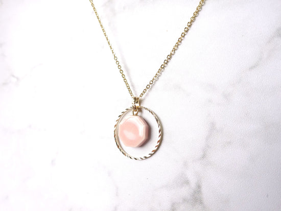 Pottery and gold ring necklace (pink)