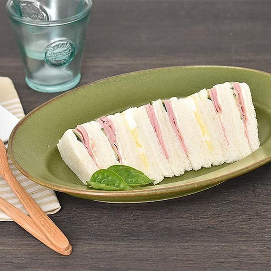 Olive 12" oval, greenish, Western tableware, oval plate, shaped plate, made in Japan, Minoyaki, stylish.