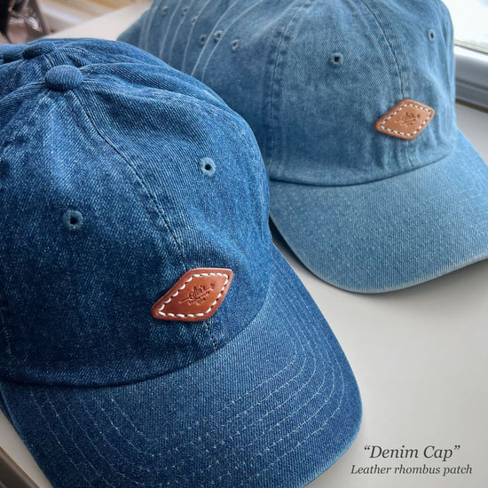 Denim Cap with logo Leather Patch Hand-Sewn