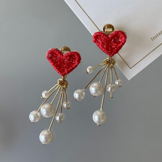 Pierced earrings and clip-on earrings with Embroidered Hearts and Pearls