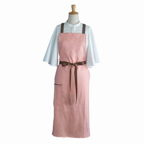 Linen Apron with Shoulder Straps Pastel Pink and Amber