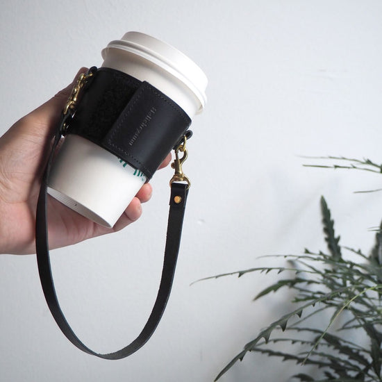 Adjustable Coffee Cup Sleeve in Black Leather