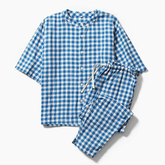 Cotton Gingham Double Gauze Short-Sleeved Pajamas for Men Blue