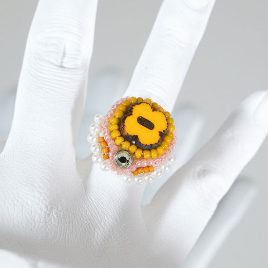 Chatty ring 90 free size beads embroidery ring flower orange colorful