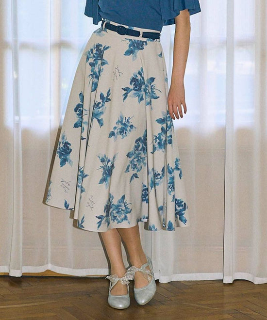 Art Rose Pattern Flared Skirt with Belt / an another angelus [51BG02p001].