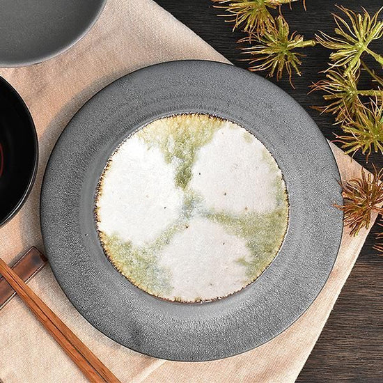 Green Sink Rim Plate Japanese Tableware with Facing Dish, Made in Japan, Minoyaki, Cafe Style, Stylish, Modern