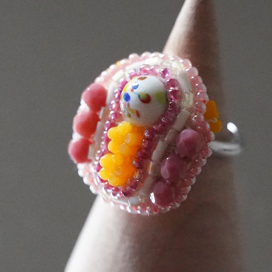 Chatty ring 98 free size bead embroidery ring pink multicolor