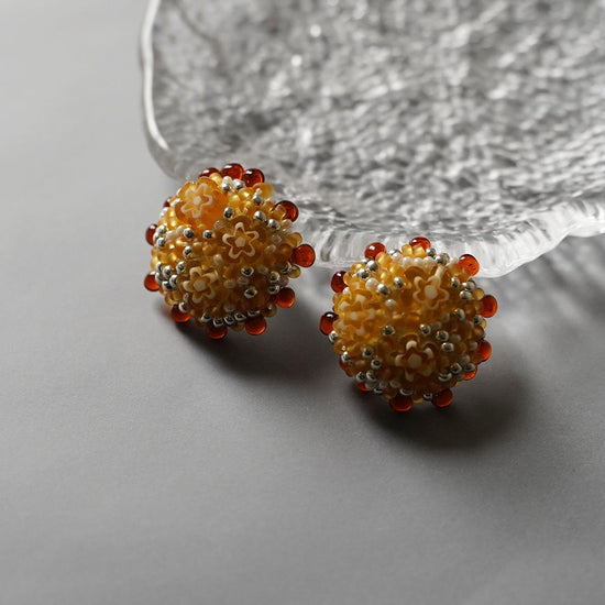 Kitchen 13 Clip-on earrings Pierced earrings beaded embroidered yellow orange brown silver large