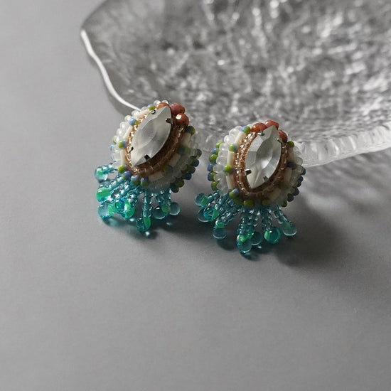 Beaded embroidered clip-on earrings Pierced earrings 17 green clear white blue bijoux large one-of-a-kind unique fringe