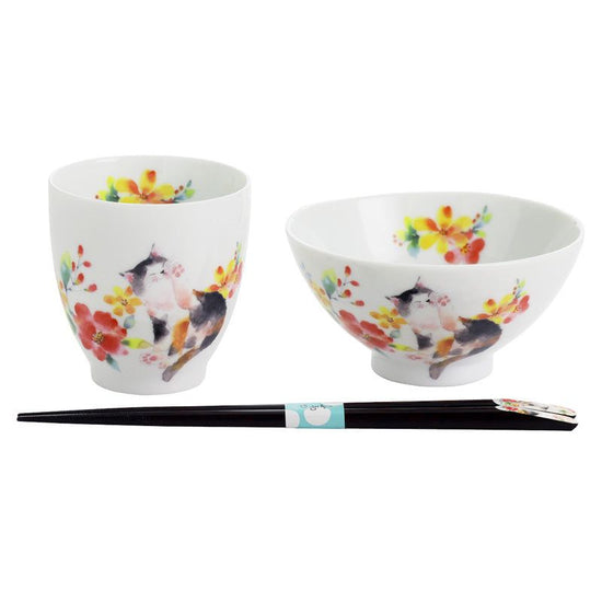 Flower Cat Bowl Teacup Red with Tenpou Chopsticks (23210)