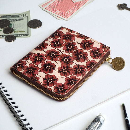 L Shaped Zipper Wallet (Chocolate Cosmos) Genuine Leather Compact Floral Pattern Ladies