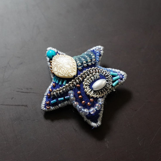 Christmas ornament. Very lightweight star brooch with bead embroidery, 2 Blue.