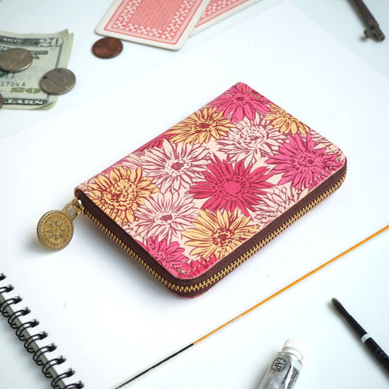 Round Zipper Compact Wallet (Gerbera) Genuine Leather Mini