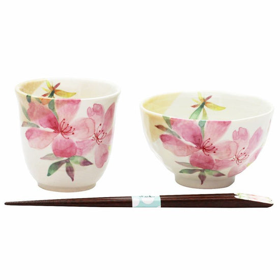 Flower Colored Rice Bowl / Teacup Azalea with Tenpou Chopsticks (40479)