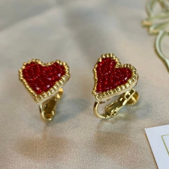 Beaded Embroidered Heart Pierced earrings and Clip-on earrings