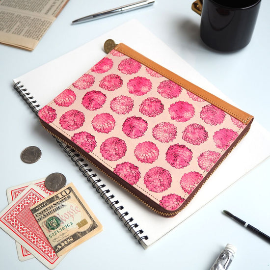 B6 Size Round Zipper Notebook Cover (Dahlia Dot) Case for Schedule Book, Diary, Notebook, Mother & Child Notebook, and Red Seal Book