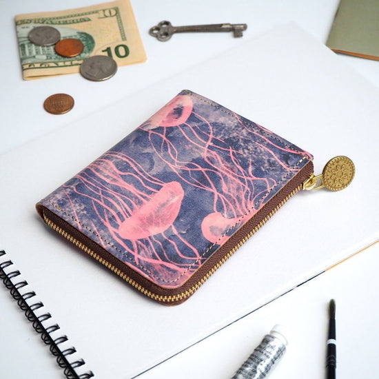 L-Shape Zipper Wallet (Dreamy Jellyfish) All Leather for Ladies and Men