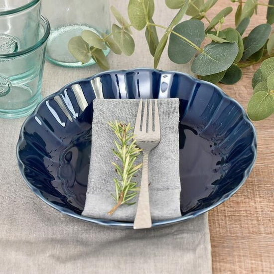 Fiore navy flower-shaped 22cm deep dish, blue, Western tableware, round plate, made in Japan, Minoyaki, stylish.