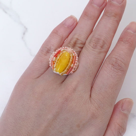 Chatty ring 16 free size beaded embroidery ring yellow pink colorful multi-color vitamin color