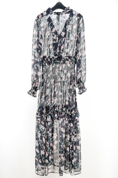 Floral Pattern Shirring Dress (Black)