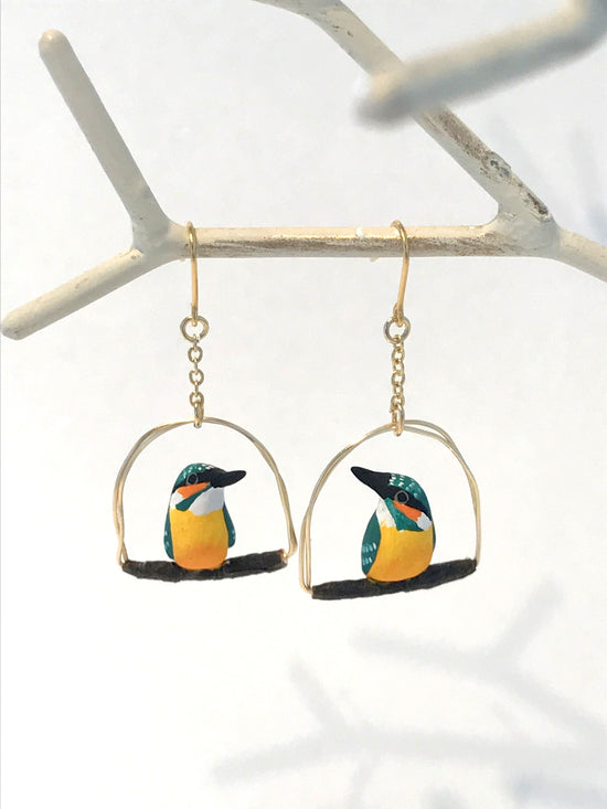 Pierced earrings and clip-on earrings of a Kingfisher Riding on a Branch