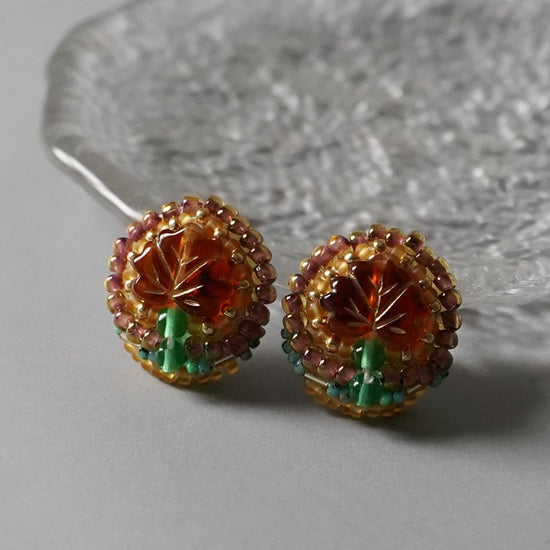 Clip-on earrings with bead embroidery Pierced earrings 4 brown green yellow large one-of-a-kind