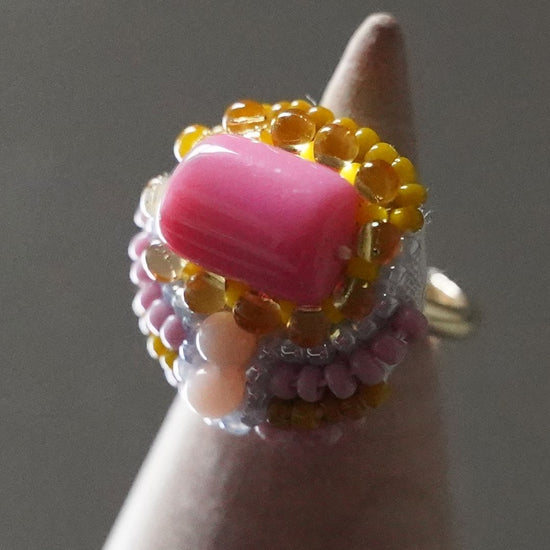 Talkative ring 115 free size bead embroidery ring colorful pink large ring multicolor