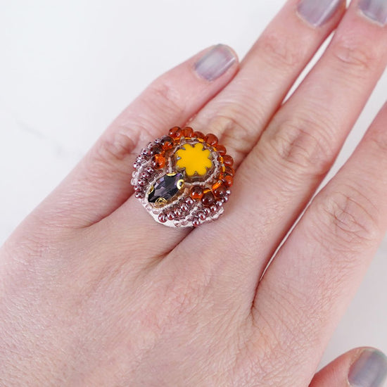 Chatty ring 20 free size beads embroidery ring flower bijoux orange purple colorful multicolor