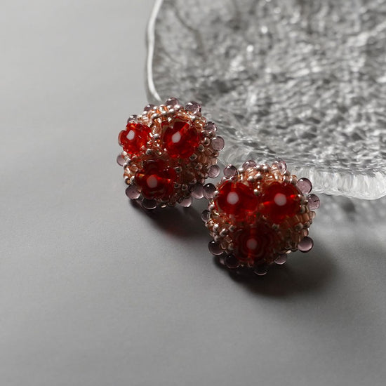 Kitchen 12 Clip-on earrings Pierced earrings beaded embroidered red orange purple large