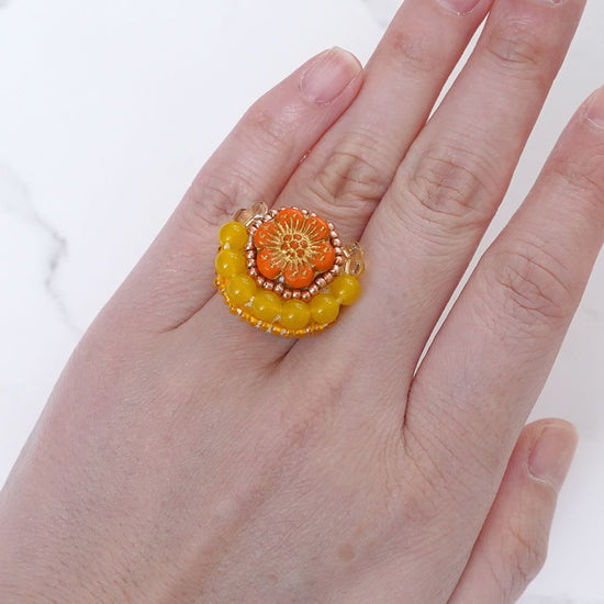 Chatty ring 9 free size beaded embroidery ring flower orange yellow colorful vitamin color