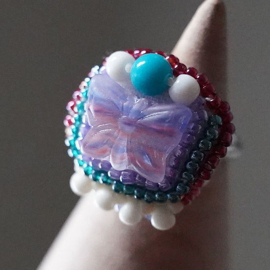 Also used as a scarf clasp! Chatty ring 126, free size, bead embroidery ring, butterfly, large ring