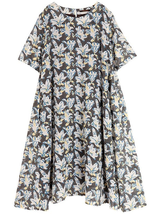 Hand-Drawn Floral Block Print Cotton Linen A-Line Dress [Expected to arrive in early May].