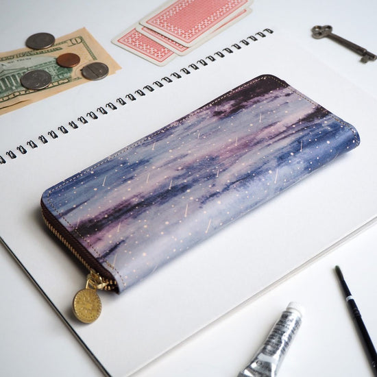 Round Zipper Long Wallet (Starry Night) All Leather Cowhide