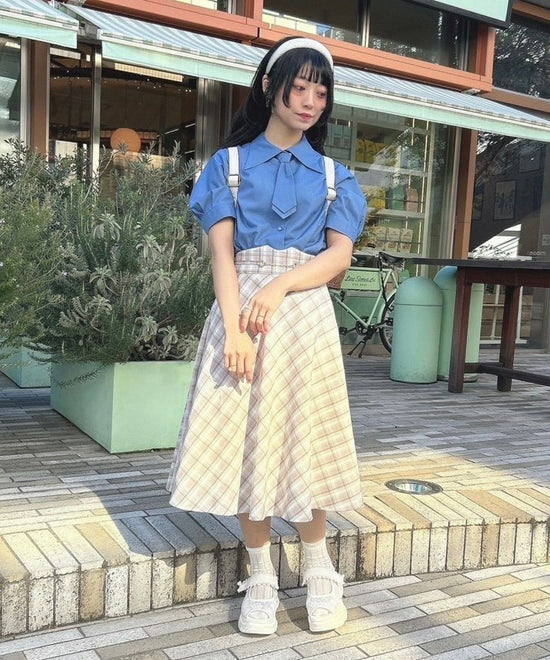 Pastel Check Flared Skirt with Coin Chain / F&A