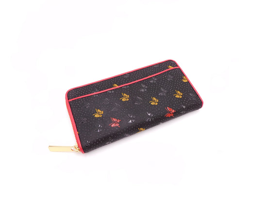 Multi-Colored Printed Inden Round Long Wallet (Red) with Three-Color Butterfly Pattern